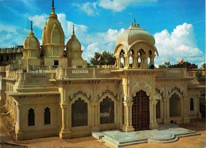 Exquisite ISKCON temple in Vrindavan, India, the birthplace of Lord Krishna, was constructed in 1974 and is already a popular pilgrimage site. International Guest House stands in rear.