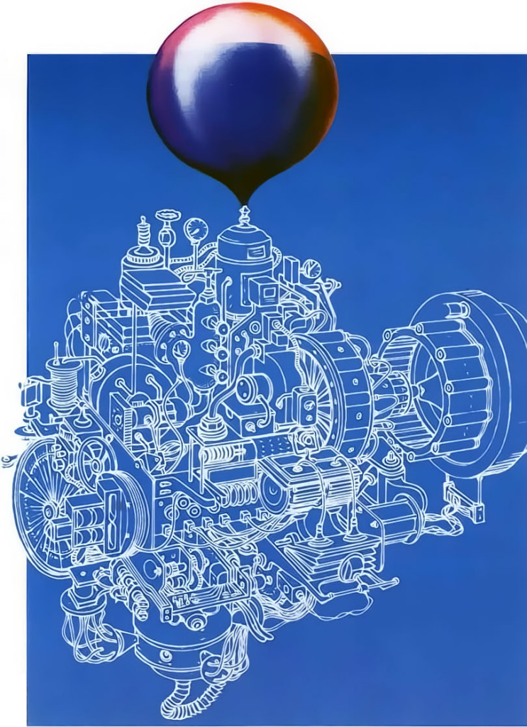 Origins Blueprint of Complex Machine Blowing Up Balloon