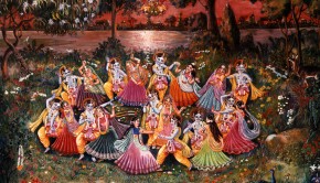 Krishna and the Gopis Enjoy the Rasa Dance on a Full Moon Evening in Vrindavan on the banks of the Yamuna River